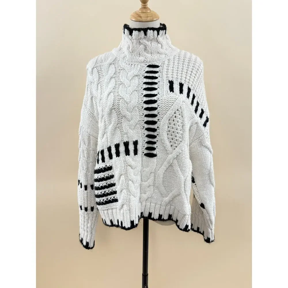 Zara Chunky Bandit Knit Oversized Cream Sweater with Black Detail, Size S - Picture 1 of 3